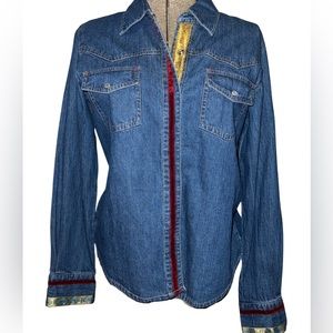 New York & Co Denim Snap Shirt w/Velvet and Gold Ribbon Embellishments.